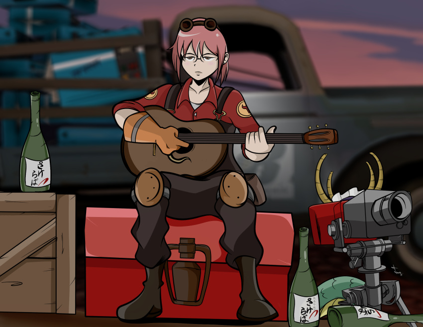 1girl alcohol beer_bottle commentary cosplay crate crossover dragon_horns dragon_tail frank_araya glasses gloves goggles ground_vehicle guitar highres horns instrument kobayashi-san_chi_no_maidragon kobayashi_(maidragon) motor_vehicle overalls pink_hair tail team_fortress_2 the_engineer the_engineer_(cosplay) toolbox truck turret