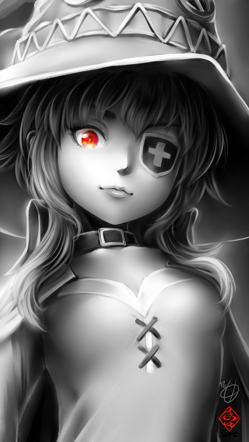 1girl absurdres breasts cape choker closed_mouth eyepatch hat head_tilt highres kono_subarashii_sekai_ni_shukufuku_wo! long_hair looking_at_viewer megumin monochrome red_eyes signature small_breasts solo spot_color tete_(amakuchichiyoko) upper_body witch witch_hat