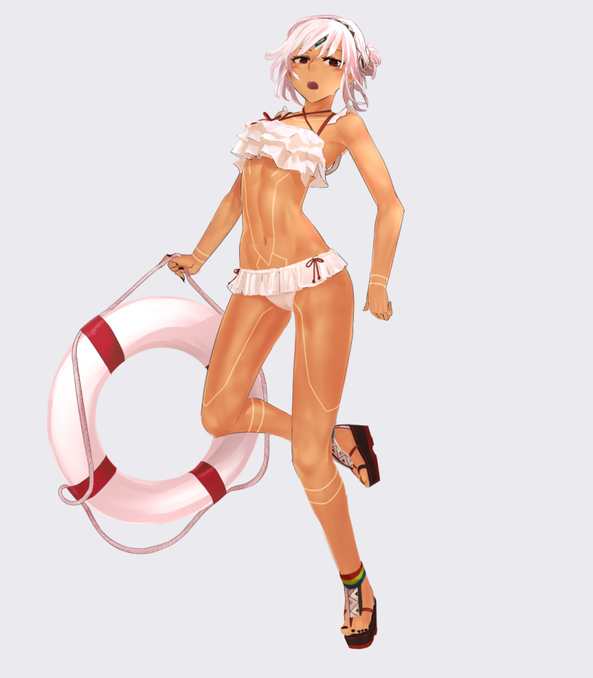 1girl altera_(fate) alternate_costume alternate_hairstyle bikini dark_skin fate/grand_order fate_(series) frilled_bikini frills full_body highres i-pan innertube midriff nail_polish navel open_mouth pink_hair red_eyes ribbon short_hair solo swimsuit