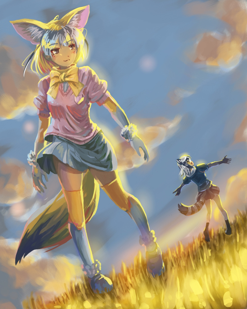 :3 :d animal_ears backlighting black_hair black_legwear black_skirt blonde_hair blue_shirt blue_skirt blush bow brown_eyes closed_mouth clouds common_raccoon_(kemono_friends) day dutch_angle fennec_(kemono_friends) fox_ears gfass gloves grass grey_hair highres kemono_friends looking_away multicolored_hair norisuke_(norisukeabcdefg) open_mouth outdoors outstretched_arms pink_sweater pleated_skirt profile puffy_short_sleeves puffy_sleeves raccoon_ears raccoon_tail shirt shoes short_sleeves skirt sky smile spread_arms standing striped_tail sunrise sunset sweater tail thigh-highs two-tone_hair white_gloves white_hair white_shoes yellow_bow