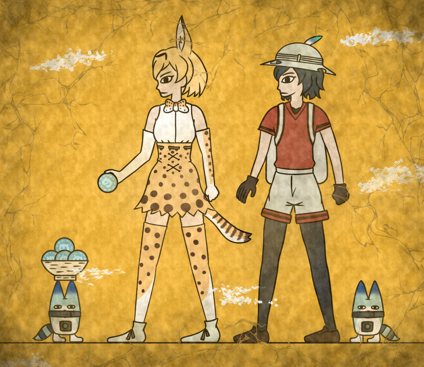 2girls 7kita animal_ears backpack bag bare_shoulders basket black_eyes black_gloves black_hair black_legwear blonde_hair bow bowtie brown_shoes bucket_hat clenched_hand closed_mouth commentary crack egyptian_art elbow_gloves food from_side full_body gloves hat hat_feather high-waist_skirt highres holding holding_food japari_bun kaban_(kemono_friends) kemono_friends kita_(7kita) legs_apart lucky_beast_(kemono_friends) multiple_girls on_head pantyhose profile red_shirt serval_(kemono_friends) serval_ears serval_print serval_tail shirt shoes short_hair short_sleeves skirt sleeveless sleeveless_shirt standing striped_tail tail thigh-highs white_shirt white_shoes yellow_background