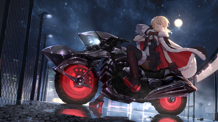 1girl artoria_pendragon_(all) backlighting bangs bare_arms black_cape black_dress black_footwear black_gloves black_legwear blonde_hair boots breasts cape chain-link_fence city cleavage dress fate/grand_order fate_(series) fence from_side full_body full_moon fur-trimmed_cape fur-trimmed_legwear fur_trim gloves ground_vehicle high_heel_boots high_heels highres lamppost light looking_back medium_breasts moon mosquito_coils motor_vehicle motorcycle night night_sky outdoors over_shoulder pantyhose parted_lips pom_pom_(clothes) puddle reflection road sack santa_alter shiny short_hair sky smile solo star_(sky) starry_sky strapless strapless_dress street thigh-highs thigh_boots tsurime water yellow_eyes