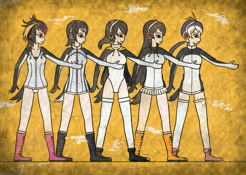 5girls 7kita black_boots blonde_hair boots breasts brown_shoes closed_mouth collarbone crack egyptian_art emperor_penguin_(kemono_friends) frilled_legwear from_side full_body gentoo_penguin_(kemono_friends) headphones highleg highleg_leotard highres humboldt_penguin_(kemono_friends) kemono_friends kita_(7kita) knee_boots legs_apart leotard long_hair low_twintails medium_breasts multicolored_hair multiple_girls mural orange_boots orange_hair outstretched_arm penguin_tail penguins_performance_project_(kemono_friends) pink_boots pink_hair pink_shoes pleated_skirt profile purple_hair rockhopper_penguin_(kemono_friends) royal_penguin_(kemono_friends) shoes skirt smile socks standing streaked_hair thigh-highs twintails two-tone_hair very_long_hair white_hair white_legwear white_skirt yellow_background
