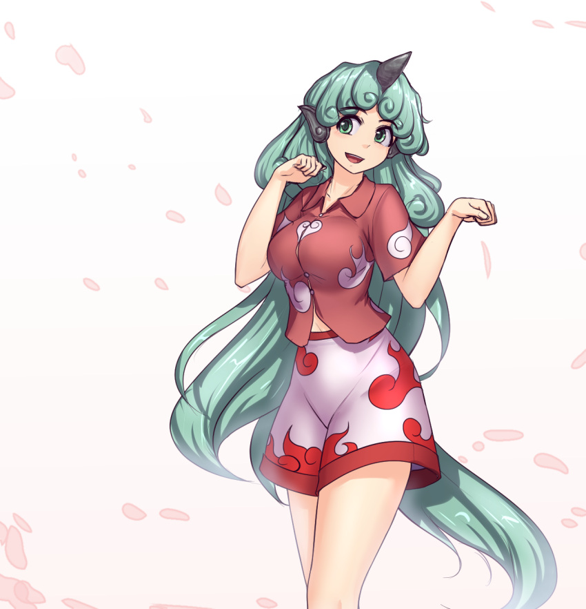 1girl :d aqua_hair belly_peek blush breasts buttons collarbone commentary cowboy_shot curly_hair dancing eyebrows_visible_through_hair flame_print green_eyes green_hair hater_(hatater) head_tilt highres horns komano_aunn large_breasts long_hair navel open_mouth paw_pose petals red_shirt shiny shiny_hair shirt short_sleeves shorts simple_background smile solo standing tareme thighs touhou very_long_hair white_background white_shorts