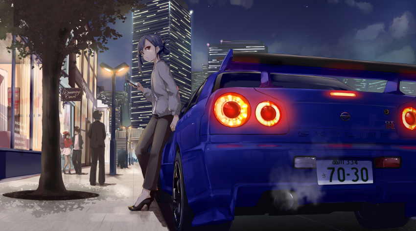 1girl absurdres asymmetrical_bangs bangs black_pants black_shoes blue_hair brown_eyes car cardigan cellphone exhaust from_side funyariko ground_vehicle hand_up high_heels highres holding holding_phone looking_at_viewer motor_vehicle night nissan_skyline open_cardigan open_clothes original outdoors pants phone shoes slacks smartphone solo_focus tree