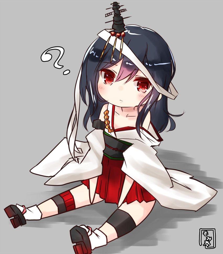 1girl ? absurdres black_hair commentary_request detached_sleeves hair_ornament headband headgear highres japanese_clothes kantai_collection momiji_(103) nontraditional_miko red_eyes remodel_(kantai_collection) short_hair simple_background sitting solo wide_sleeves yamashiro_(kantai_collection) younger