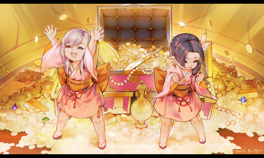2girls arms_up black_hair chuxin clenched_hands closed_eyes coin earrings final_fantasy final_fantasy_xiv gem gold gold_bar japanese_clothes jewelry kimono lalafell long_hair multiple_girls obi open_mouth pointy_ears sandals sash side_ponytail silver_hair smile sword treasure treasure_chest weapon yukata