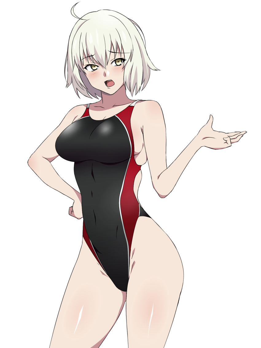 1girl ahoge black_swimsuit competition_swimsuit fate/grand_order fate_(series) hand_on_hip highleg highleg_swimsuit highres jeanne_alter kagemusha looking_at_viewer one-piece_swimsuit ruler_(fate/apocrypha) short_hair silver_hair simple_background solo swimsuit white_background yellow_eyes