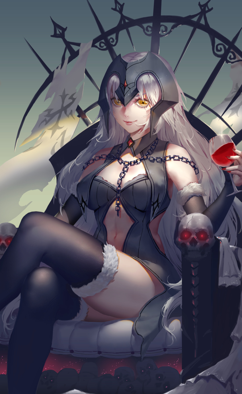 1girl absurdres alcohol bare_shoulders black_gloves black_legwear blonde_hair chains closed_mouth commentary_request cup drink elbow_gloves fate/grand_order fate_(series) flag fur-trimmed_legwear fur-trimmed_sleeves fur_trim gauntlets gloves glowing glowing_eyes headpiece highres holding holding_cup itoucon jeanne_alter legs_crossed long_hair nail_polish navel red_nails ruler_(fate/apocrypha) sitting skull solo very_long_hair wine yellow_eyes