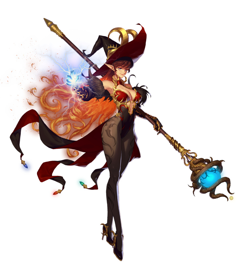 1girl bangs black_hair breasts cleavage cleavage_cutout dungeon_and_fighter earrings elbow_gloves fiery_hair fire full_body gloves grey_eyes hat high_heels highres jewelry large_breasts leotard lightning long_hair magic official_art pantyhose pointy_ears redhead smie solo staff tailcoat transcendent_nornil very_long_hair witch_hat