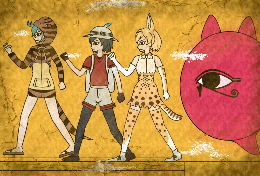 7kita animal_ears aqua_hair backpack bag bare_shoulders black_eyes black_legwear blonde_hair bow bowtie brown_shoes bucket_hat cerulean_(kemono_friends) clenched_hands closed_eyes closed_mouth commentary_request crack egyptian_art elbow_gloves from_side geta gloves hat hat_feather high-waist_skirt highres hood hoodie kaban_(kemono_friends) kemono_friends kita_(7kita) legs_apart long_sleeves multicolored multicolored_ribbon orange_ribbon pantyhose profile purple_ribbon red_eyes red_shirt ribbon serval_(kemono_friends) serval_ears serval_print serval_tail shirt shoes short_hair short_sleeves single_eye skirt sleeveless sleeveless_shirt standing striped_tail tail tengu-geta thigh-highs tsuchinoko_(kemono_friends) white_shirt white_shoes yellow_background