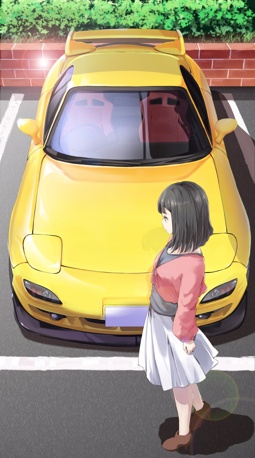 1girl absurdres black_hair blouse boots brown_boots brown_eyes car cardigan day from_side funyariko grey_blouse ground_vehicle high_heel_boots high_heels highres lens_flare mazda_rx-7 motor_vehicle original outdoors parking_lot profile skirt solo standing white_skirt
