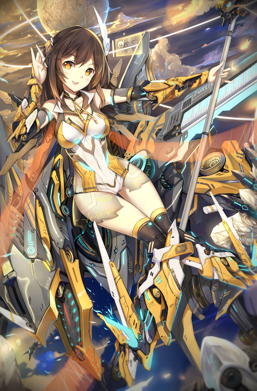 1girl :d absurdres adjusting_headwear aircraft airplane armor black_legwear blush breasts brown_eyes brown_hair chinese choker cleavage cleavage_cutout collarbone commentary_request covered_navel detached_sleeves fighter_jet flying highres huali instrument jet keyboard_(instrument) kneehighs knees_together_feet_apart leotard looking_at_viewer mecha_musume military military_vehicle muta open_mouth orange_eyes outstretched_arm skin_tight sky smile solo staff teeth thigh_gap yan_xi