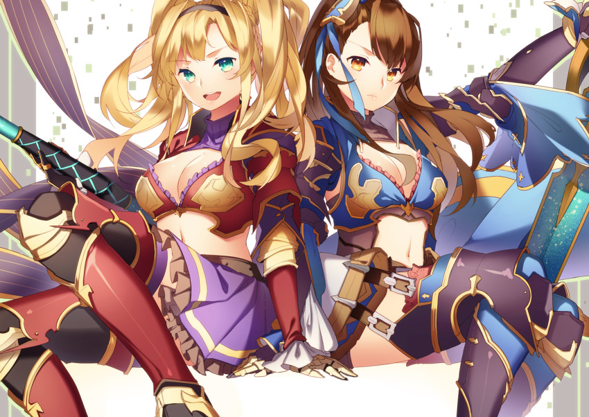 2girls arm_support armor beatrix_(granblue_fantasy) blonde_hair blue_eyes breasts brown_eyes brown_hair cleavage crop_top gauntlets granblue_fantasy greaves hair_ornament hairband large_breasts lips long_hair looking_at_viewer midriff miniskirt multiple_girls navel open_mouth polearm ponytail serious shiyun simple_background sitting skirt smile spear sword thigh-highs twintails weapon zeta_(granblue_fantasy)