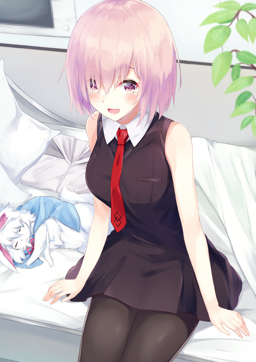 1girl :d absurdres bangs black_dress blush breast_pocket dress eyebrows_visible_through_hair fate/grand_order fate_(series) folded_clothes fou_(fate/grand_order) hair_over_one_eye highres hood hoodie hoodie_removed igakusei indoors leaf looking_at_viewer necktie on_bed open_mouth pantyhose pink_eyes pink_hair pocket red_necktie shielder_(fate/grand_order) short_dress short_hair sitting sleeveless sleeveless_dress smile solo
