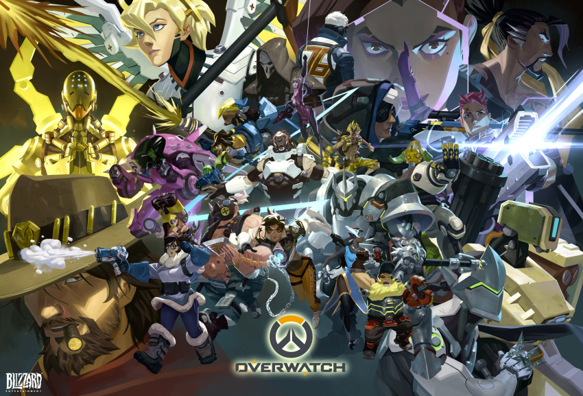 6+boys 6+girls ana_(overwatch) armor bastion_(overwatch) beard black_hair blizzard_(company) blonde_hair bodysuit brown_hair cigar cloak commentary copyright_name cowboy_hat d.va_(overwatch) dark_skin eyepatch eyeshadow facial_hair from_behind gas_mask genji_(overwatch) glasses glowing goggles gorilla gun hanzo_(overwatch) hat helmet highres junkrat_(overwatch) lucio_(overwatch) makeup mccree_(overwatch) mecha mei_(overwatch) meka_(overwatch) mercy_(overwatch) multiple_boys multiple_girls mustache nesskain official_art orisa_(overwatch) overwatch parka pharah_(overwatch) pink_hair ponytail purple_skirt reaper_(overwatch) reinhardt_(overwatch) roadhog_(overwatch) robot scar scar_across_eye skirt smoking soldier:_76_(overwatch) sombra_(overwatch) symmetra_(overwatch) topless torbjorn_(overwatch) tracer_(overwatch) weapon white_hair widowmaker_(overwatch) winston_(overwatch) zarya_(overwatch) zenyatta_(overwatch)