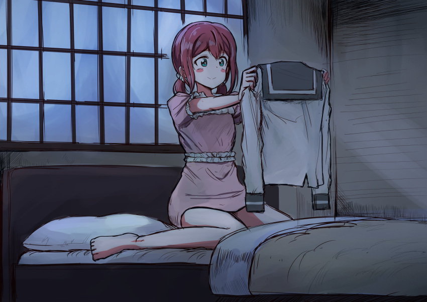 1girl aqua_eyes bangs barefoot bed blush_stickers clothes_removed commentary_request dark frills greymon_(nodoame1215) highres holding_clothes kurosawa_ruby love_live! love_live!_sunshine!! night nightgown on_bed pajamas pillow pink_pajamas redhead school_uniform serafuku sitting sitting_on_bed smile solo twintails wariza white_scrunchie window