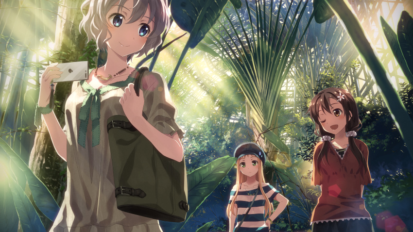 3girls :&lt; ;d absurdres arms_behind_back badge bag bangle beret blonde_hair blouse blue_eyes bra_strap bracelet brown_eyes brown_hair button_badge casual cellphone flower green_eyes greenhouse grey_hair hair_flower hair_ornament hair_scrunchie hand_on_hip handbag hat highres holding holding_phone horizontal_stripes huge_filesize indoors iphone jewelry lens_flare long_hair looking_at_another looking_back multiple_girls necklace off_shoulder one_eye_closed open_mouth original phone plant ribbon scrunchie short_hair short_sleeves smartphone smile standing striped striped_blouse sunlight tree twintails white_scrunchie wrist_ribbon yuuki_tatsuya