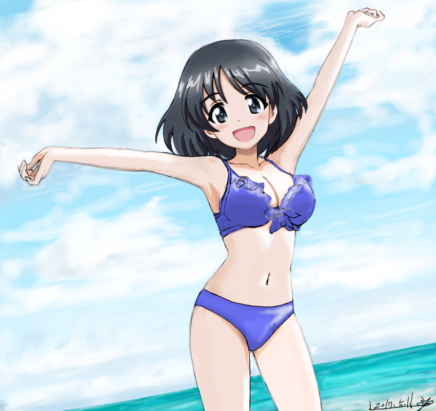 1girl 2017 arms_up beach bikini black_eyes black_hair blue_bikini bukkuri dated dutch_angle frilled_bikini frills girls_und_panzer highres inatomi_hibiki looking_at_viewer open_mouth short_hair signature solo swimsuit