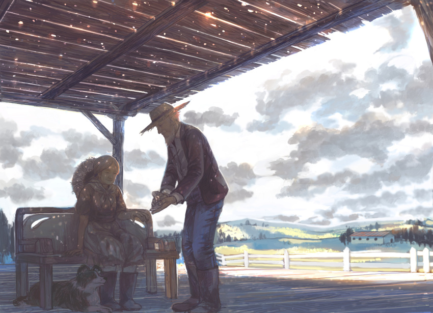 1boy 1girl bench boots clouds day dog farm farmer fence hat jewelry landscape old_man old_woman original proposal revision ring rural sime_(echo) sky smile