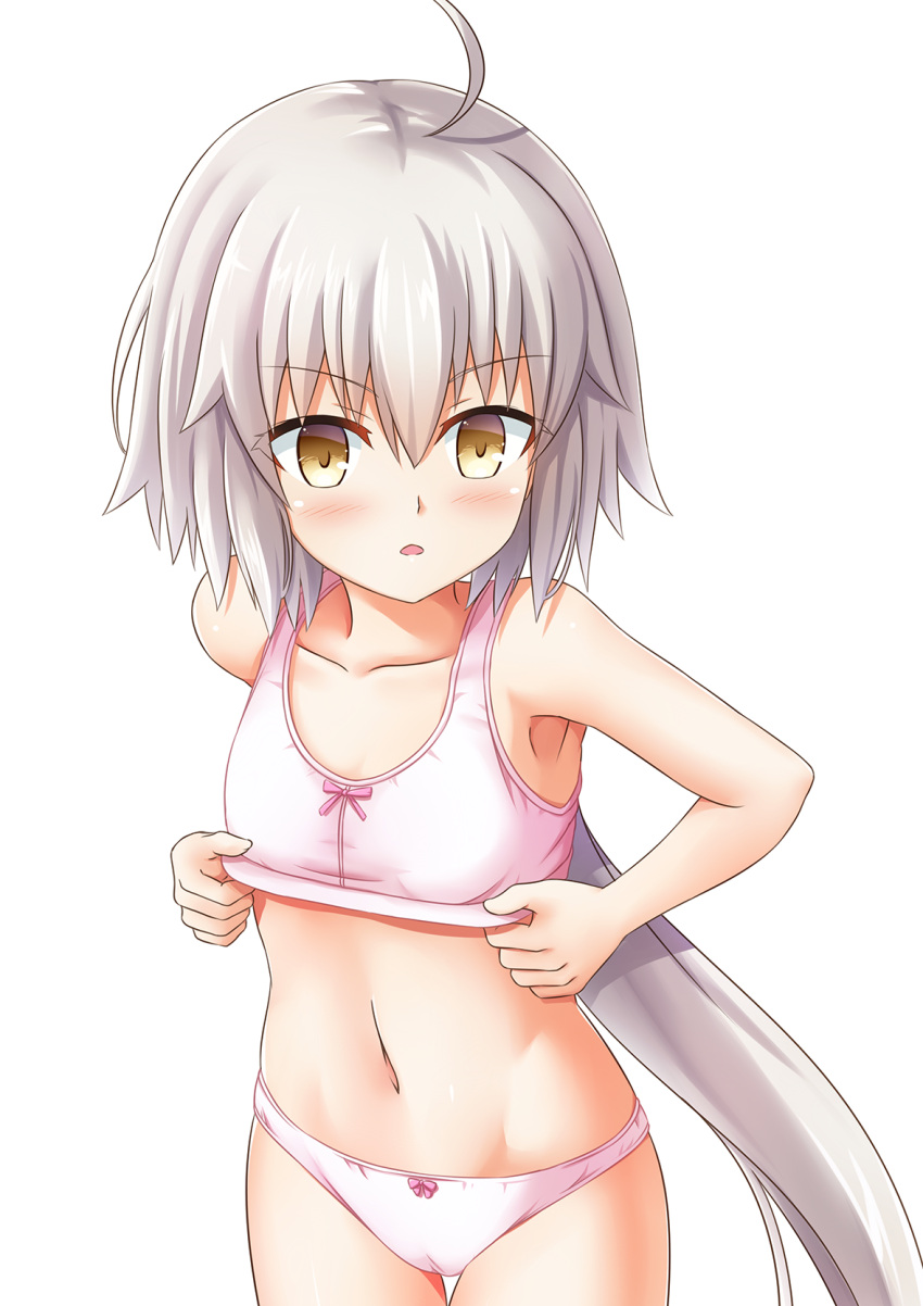 1girl ahoge blonde_hair blush fate/grand_order fate_(series) headpiece highres jeanne_alter jeanne_alter_(santa_lily)_(fate) long_hair looking_at_viewer morokoshi_(tekku) navel panties ruler_(fate/apocrypha) shirt solo training_bra underwear yellow_eyes younger