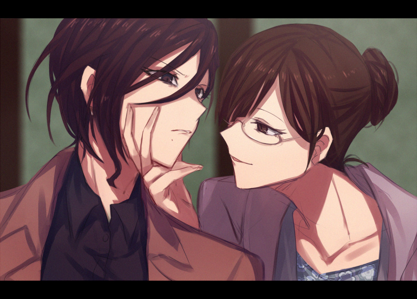 2girls aoki_shizumi black_shirt brown_eyes brown_hair brown_jacket collarbone collared_shirt commentary_request dress_shirt floral_print glasses hair_between_eyes hair_bun hand_on_another's_cheek hand_on_another's_face jacket looking_at_another miss_sherlock mole mole_under_mouth multiple_girls parted_lips profile shirt short_hair yuri