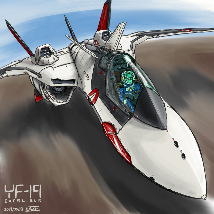 1boy 2017 aircraft airplane fighter_jet highres isamu_dyson jet kaze macross macross_plus military military_vehicle spacesuit variable_fighter yf-19