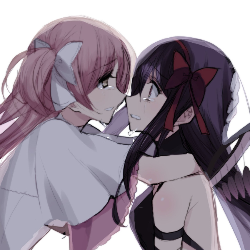 1girl akemi_homura akuma_homura armband arms_around_neck black_hair commentary couple crying crying_with_eyes_open dress eye_contact eyebrows_visible_through_hair face-to-face female from_side goddess_madoka grin hair_ribbon hairband hand_on_another's_head highres hug incipient_kiss kaname_madoka long_hair looking_at_another mahou_shoujo_madoka_magica mahou_shoujo_madoka_magica_movie misteor parted_lips pink_hair red_hairband red_ribbon revealing_clothes ribbon short_sleeves short_twintails sleeveless sleeveless_turtleneck smile tears teeth turtleneck twintails upper_body violet_eyes white_background white_dress white_ribbon wide_sleeves yellow_eyes yuri