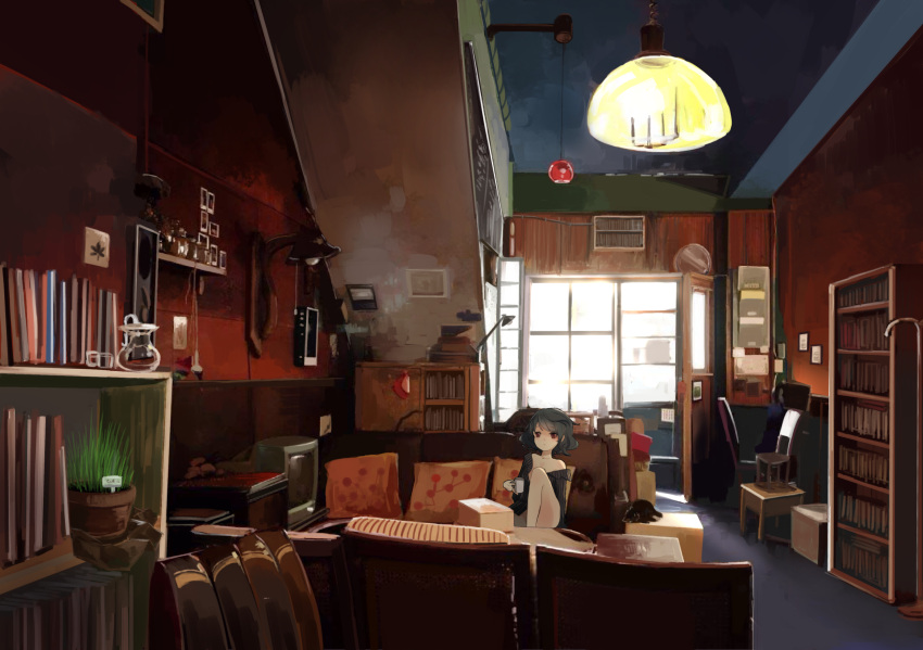 1girl bare_shoulders black_hair chair coffee_mug couch cup highres holding holding_cup lamp looking_away original pillow red_eyes remosse512 shelf short_hair sitting solo