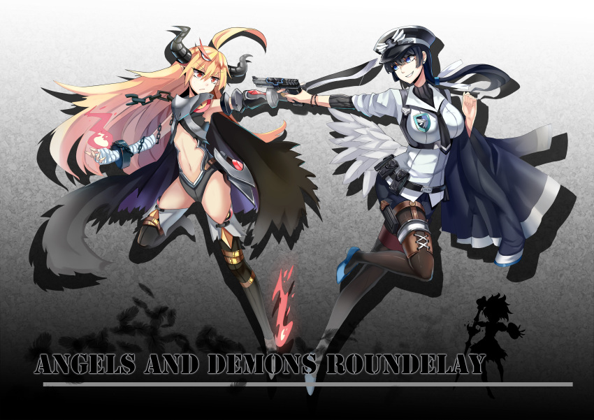 &gt;:/ 2girls :/ absurdres ahoge angel bandaged_arm bangle belt black_boots black_hair black_hat black_necktie blonde_hair blue_eyes blue_shoes boots bracelet breasts cape chains closed_mouth copyright_request demon_girl demon_horns earrings extra_eyes eyebrows_visible_through_hair fire flat_chest floating_hair full_body grin gun hair_between_eyes handgun hat high_heels highres holding holding_gun holding_sword holding_weapon horns huge_ahoge jewelry large_breasts leg_up long_hair looking_at_another low_ponytail low_wings multiple_girls navel necktie outstretched_arm peaked_cap pistol qihai_lunpo red_eyes shirt shoes silhouette single_wing smile sword thigh-highs thigh_boots very_long_hair weapon white_shirt white_wings wings