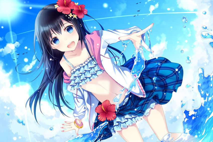 1girl :d bangs bead_bracelet beads bikini bikini_skirt black_hair blue_bikini blue_eyes blue_skirt blue_sky blush bracelet clouds cloudy_sky day dutch_angle eyebrows_visible_through_hair frilled_bikini frills hood hoodie jewelry kusada_souta light_rays long_hair looking_at_viewer nail_polish navel ocean open_clothes open_hoodie open_mouth original outdoors plaid plaid_skirt skirt sky smile solo splashing standing sunbeam sunlight swimsuit water