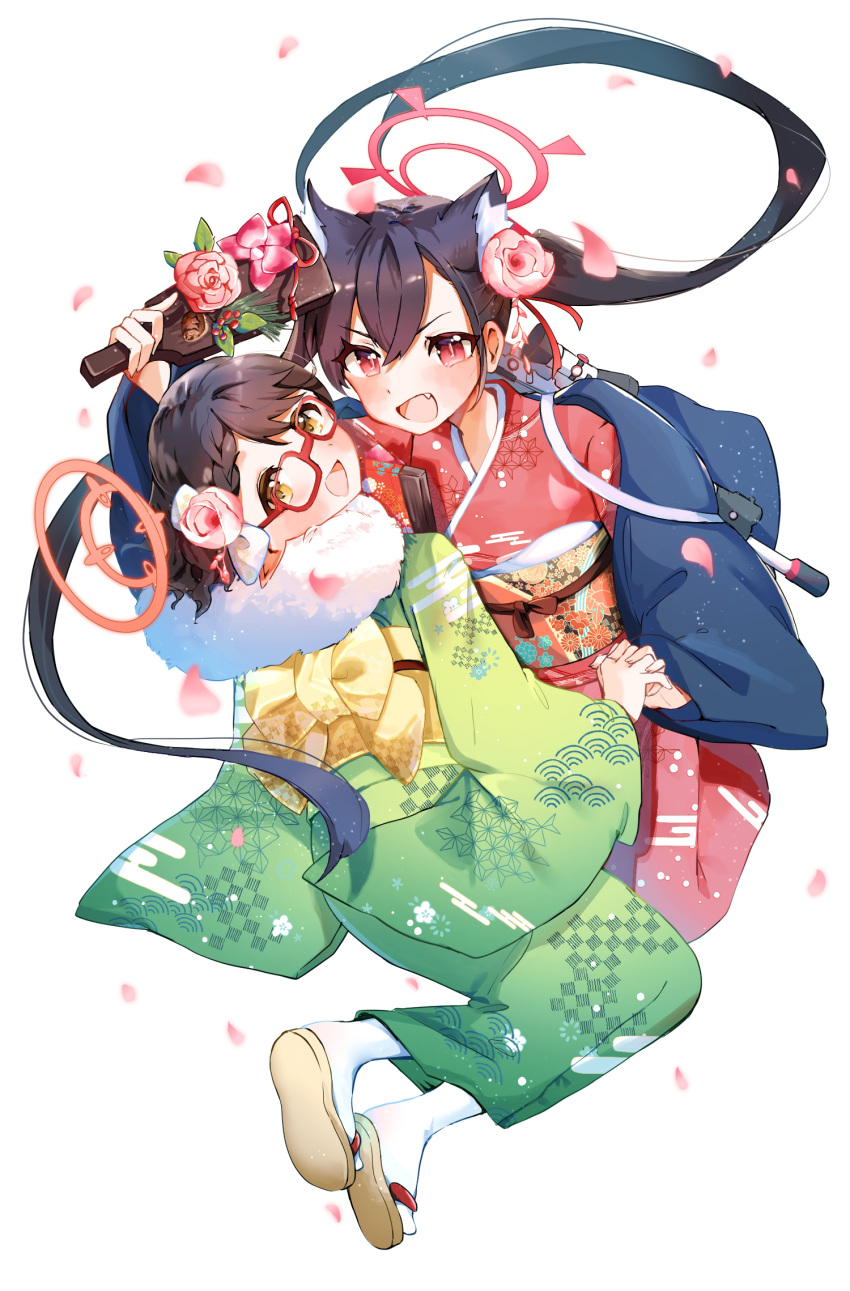 2girls alternate_costume animal_ear_fluff animal_ears ayane_(blue_archive) azisai black_hair blue_archive blush cat_ears cherry_blossoms fang flower glasses green_kimono gun hagoita hair_flower hair_ornament halo haori highres holding holding_hands holding_paddle interlocked_fingers japanese_clothes kimono long_hair looking_at_viewer looking_back multiple_girls new_year obi open_mouth paddle petals pointy_ears red-framed_eyewear red_eyes red_kimono sandals sash serika_(blue_archive) short_hair simple_background slit_pupils smile socks twintails v-shaped_eyebrows weapon white_background white_socks wide_sleeves yellow_eyes yukata