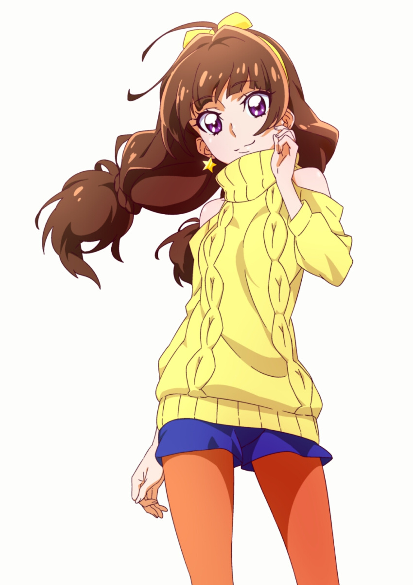 1girl amanogawa_kirara aran_sweater bare_shoulders brown_hair earrings eyelashes go!_princess_precure hair_ornament hair_ribbon happy highres jewelry long_hair looking_at_viewer off-shoulder_sweater pantyhose precure ribbon shorts simple_background smile solo standing star star_earrings sweater tama turtleneck turtleneck_sweater twintails violet_eyes white_background yellow_sweater