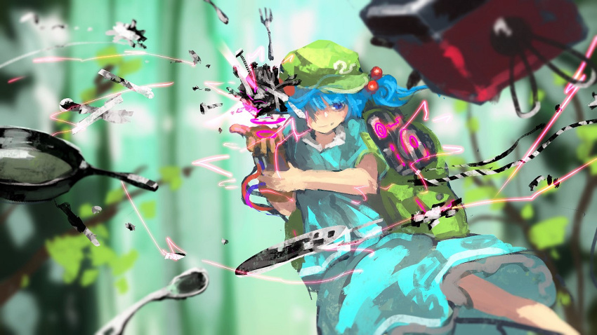 1girl backpack bag blue_eyes blue_hair commentary_request fork frying_pan hair_bobbles hair_ornament hair_over_one_eye hat kaatoso kawashiro_nitori screw short_hair skirt smile solo spoon touhou twintails two_side_up
