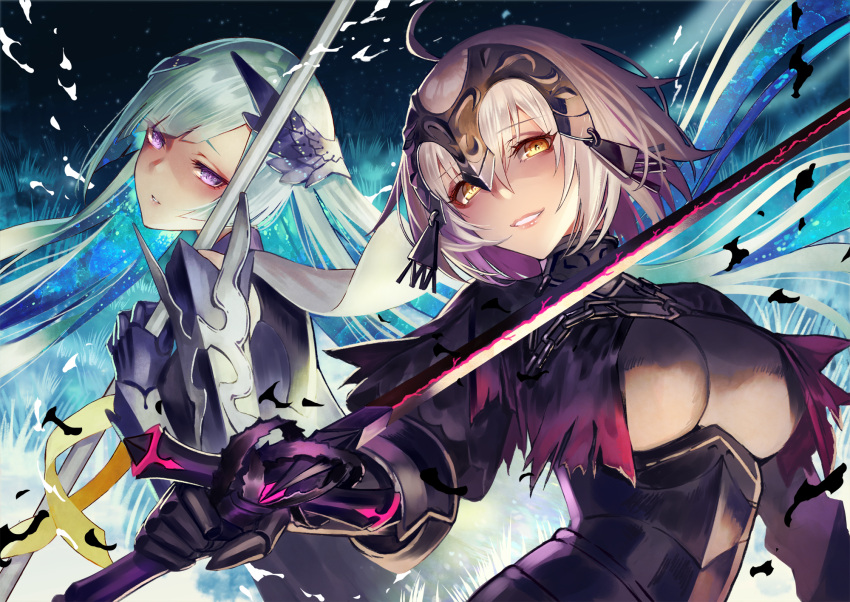2girls ahoge armor bangs blush breasts chains cleavage fate/grand_order fate/prototype fate/prototype:_fragments_of_blue_and_silver fate_(series) gauntlets green_hair grey_hair hair_between_eyes hair_ornament headpiece highres holding holding_sword holding_weapon impossible_clothes jeanne_alter lancer_(fate/prototype_fragments) large_breasts long_hair looking_at_viewer looking_back multiple_girls parted_lips polearm ruler_(fate/apocrypha) sword terai_(teraimorimori) underbust upper_body violet_eyes weapon yellow_eyes