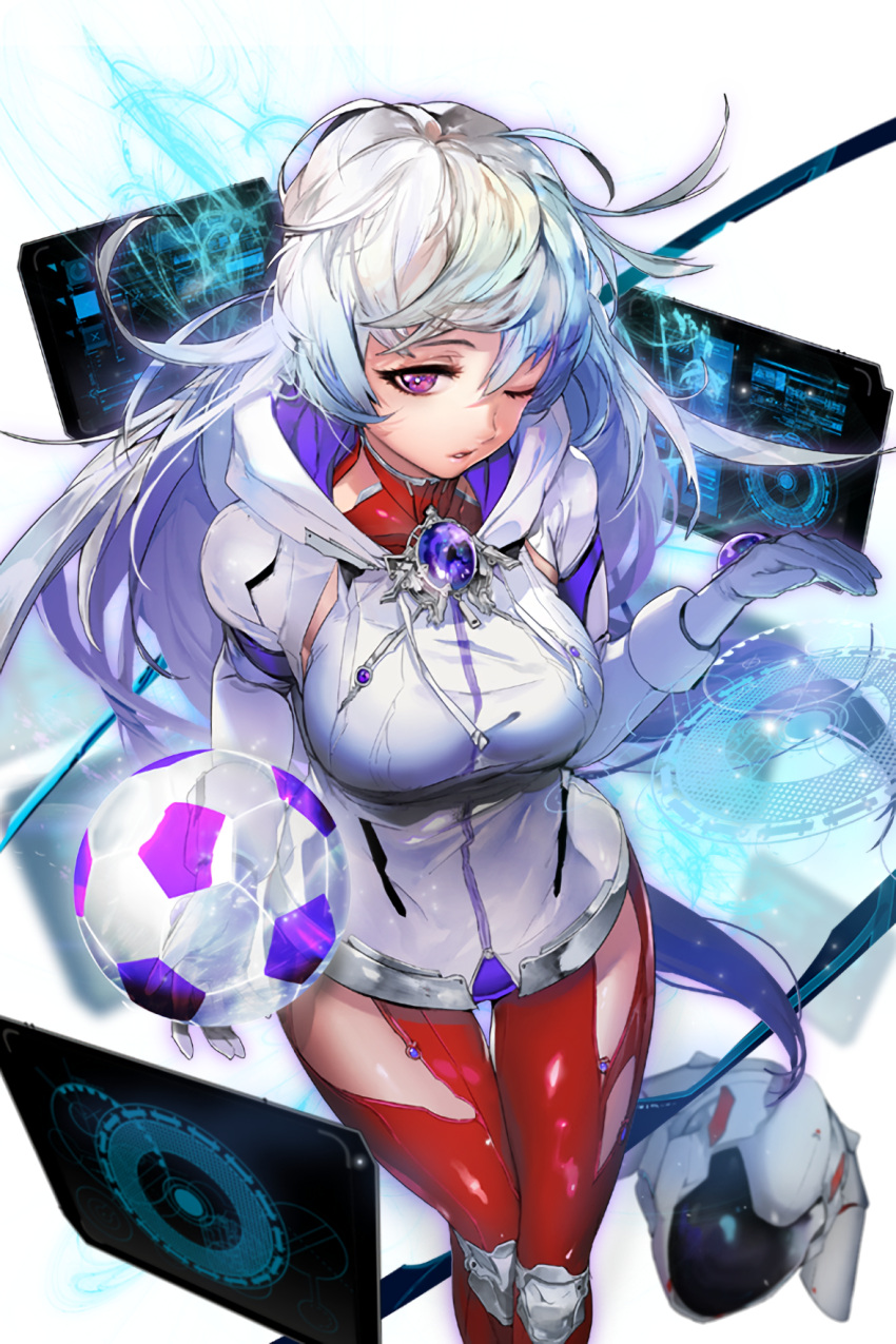 1girl ;) ball gem glayde gloves headwear_removed helmet helmet_removed highres holographic_interface hood hood_down long_hair looking_at_viewer monitor one_eye_closed parted_lips red_legwear smile soccer_ball soccer_spirits solo standing violet_eyes white_gloves white_hair zipper