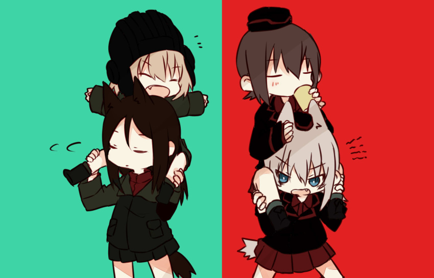 4girls angry animal_ears ankle_boots bangs black_boots black_hair black_hat black_jacket black_legwear black_skirt black_vest blonde_hair blue_eyes boots brown_hair carrying closed_eyes cup dog_ears dog_tail dress_shirt drinking fang fud fume garrison_cap girls_und_panzer green_background green_jacket hat helmet highres holding itsumi_erika jacket katyusha kemonomimi_mode kuromorimine_military_uniform long_hair long_sleeves looking_at_another military military_hat military_uniform miniskirt multiple_girls nishizumi_maho nonna open_mouth pleated_skirt pravda_military_uniform red_background red_shirt red_skirt shirt short_hair short_jumpsuit shoulder_carry skirt smile socks standing swept_bangs tail turtleneck two-tone_background uniform vest