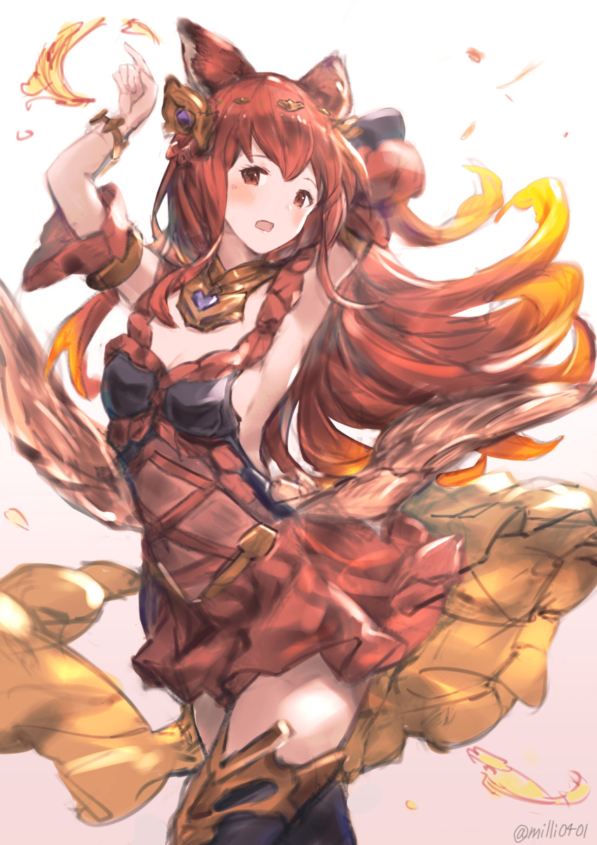 1girl absurdres animal_ears anthuria armpits fire granblue_fantasy hair_ornament highres milli0401 red_eyes redhead skirt solo thigh-highs