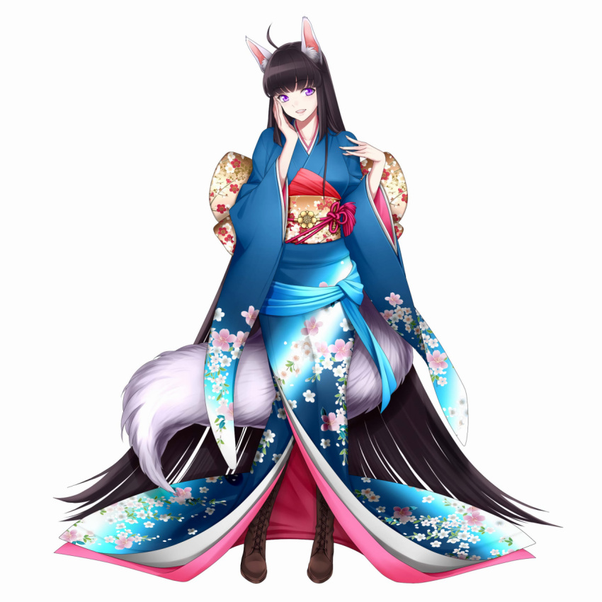 1girl absurdly_long_hair ahoge amagusa_shiro_tokijo animal_ears black_hair boots floral_print fox_ears fox_tail full_body furisode hand_to_head highres japanese_clothes kimono long_hair long_sleeves obi official_art sash simple_background solo tail very_long_hair violet_eyes white_background wide_sleeves youkai_hyakki-tan!