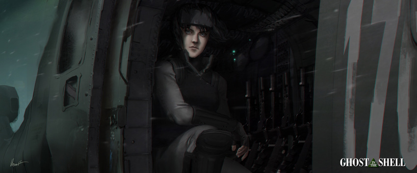 1girl aircraft albert_urmanov androgynous assault_rifle belt black_gloves body_armor boots breasts closed_mouth copyright_name cyberpunk cyborg elbow_gloves expressionless fingerless_gloves forehead_protector ghost_in_the_shell gloves grey_pants gun headgear helicopter holster kneeling kusanagi_motoko lips logo looking_at_viewer motion_blur pants realistic rifle science_fiction shin_guards signature sitting snowing vest visor weapon winter