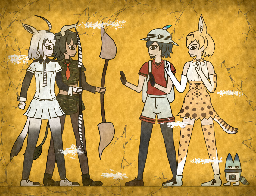 4girls 7kita animal_ears arabian_oryx_(kemono_friends) aurochs_(kemono_friends) backpack bag bare_shoulders black_boots black_eyes black_gloves black_hair black_legwear blonde_hair boots bow bowtie brown_shoes bucket_hat camouflage camouflage_shirt camouflage_skirt closed_eyes closed_mouth collared_shirt commentary_request crack egyptian_art elbow_gloves from_side full_body gloves green_hair hat hat_feather high-waist_skirt highres holding holding_weapon horns kaban_(kemono_friends) kemono_friends kita_(7kita) legs_apart long_sleeves lucky_beast_(kemono_friends) midriff multicolored_hair multiple_girls necktie orange_necktie oryx_ears oryx_tail pantyhose pleated_skirt profile red_shirt serval_(kemono_friends) serval_ears serval_print serval_tail shirt shoes short_hair short_sleeves skirt sleeveless sleeveless_shirt standing striped striped_necktie striped_tail tail thigh-highs two-tone_hair weapon white_hair white_shirt white_shoes white_skirt wing_collar wrist_cuffs yellow_background