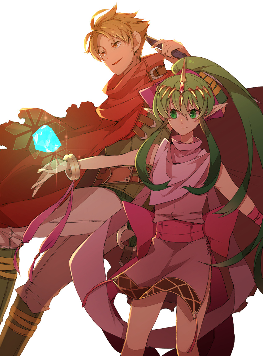 1boy 1girl blush brown_eyes brown_hair cape chiki cloak diadem dress elbow_gloves fire_emblem fire_emblem:_mystery_of_the_emblem fire_emblem:_rekka_no_ken fire_emblem_heroes gloves green_eyes green_hair hair_ornament hair_ribbon highres jewelry long_hair mamebato matthew open_mouth orange_hair pointy_ears ponytail ribbon short_hair smile weapon