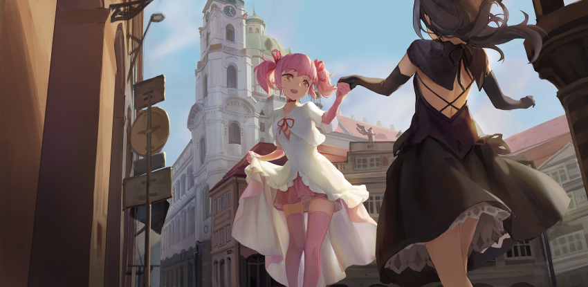2girls :d adapted_costume akemi_homura backlighting black_dress black_gloves black_hair capelet choker city cropped_jacket dancing dress elbow_gloves flat_chest from_behind gloves hand_holding highres kaname_madoka lamppost layered_dress long_hair looking_at_another mahou_shoujo_madoka_magica multiple_girls open_mouth outdoors overskirt petticoat pink_choker pink_gloves pink_hair pink_legwear pleated_skirt prague road road_sign shuang_ye sign skirt sky smile statue street thigh-highs twintails v-neck white_dress yellow_eyes