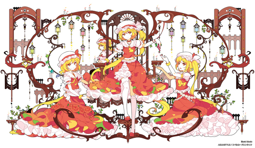 4girls alternate_wings blonde_hair bracelet clone embellished_costume flandre_scarlet flat_color frills gathers hat ideolo jewelry long_hair multiple_girls no_nose red_eyes side_ponytail skirt skirt_set solo thigh-highs touhou white_legwear wings