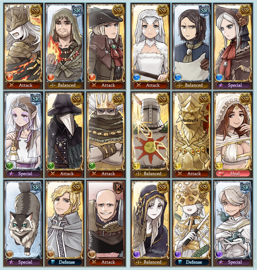 6+boys 6+girls alfred_(bloodborne) alvina_of_the_darkroot_wood armor bags_under_eyes bald beard blonde_hair bloodborne blue_eyes breasts brown_eyes brown_hair cat cleavage collar commentary company_captain_yorshka covered_eyes crossed_arms crossover crown dark_souls dark_sun_gwyndolin dragon_slayer_ornstein eileen_the_crow emlan english facial_hair fake_screenshot full_armor fur_trim granblue_fantasy hair_over_one_eye helmet_over_eyes highres hood iosefka lady_maria_of_the_astral_clocktower large_breasts laurentius_of_the_great_swamp long_sideburns looking_at_viewer looking_away lorian_(elder_prince) lothric_(younger_prince) mask mask_over_one_eye mole mole_on_breast multiple_boys multiple_girls nameless_king no_eyebrows orbeck_of_vinheim parody patches_the_hyena plague_doctor_mask plain_doll pointy_ears ponytail priscilla_the_crossbreed queen_of_sunlight_gwynevere robe scarf scarf_over_mouth slug smile smirk solaire_of_astora souls_(from_software) torn_clothes veil white_hair white_skin yellow_eyes