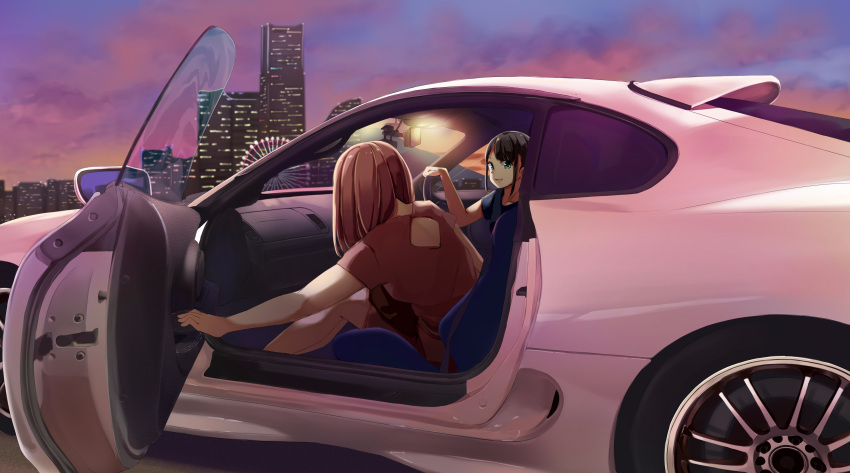 2girls absurdres bangs black_hair blouse blue_eyes brown_blouse brown_hair car closing_door funyariko ground_vehicle highres looking_at_another motor_vehicle multiple_girls original parted_lips short_sleeves sidelocks smile toyota_supra