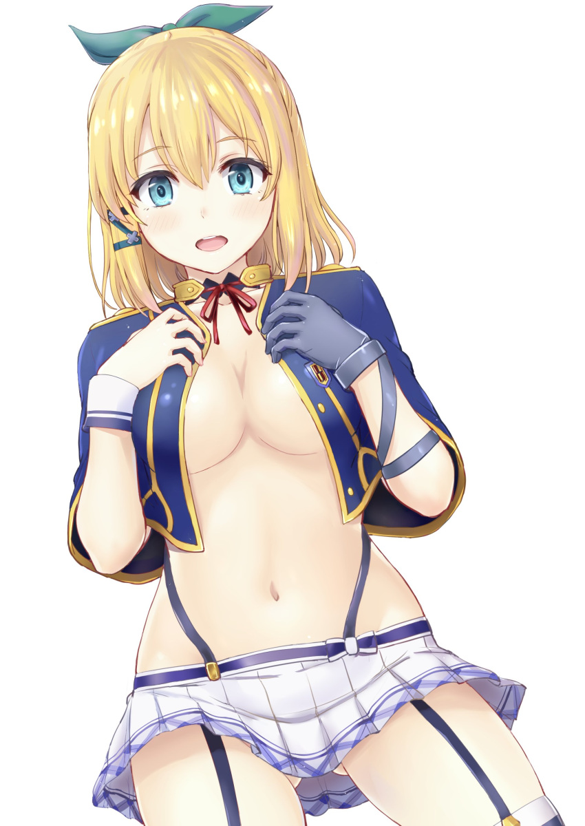 1girl absurdres blonde_hair blue_eyes blue_gloves blush bow breasts cleavage dutch_angle garter_straps gloves gluteal_fold groin hair_between_eyes hair_bow hands_on_own_chest highres inanaki_shiki looking_at_viewer medium_breasts navel no_bra open_clothes open_mouth open_shirt raised_eyebrows rokudenashi_majutsu_koushi_to_akashic_record rumia_tingel school_uniform shirt short_hair single_glove skirt stomach thigh-highs thighs under_boob white_background