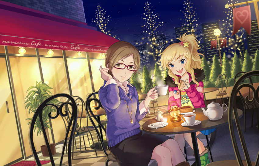 2girls :d aikawa_chinatsu artist_request awning badge bangs banner bare_tree black_skirt blonde_hair blue_eyes blue_skirt blue_sky boots brick_wall brown_eyes brown_hair bush button_badge cafe checkered checkered_floor christmas_lights city closed_mouth coat collarbone collared_shirt cream cup dress_shirt dutch_angle eating eyebrows_visible_through_hair eyelashes fire flame fork fur-trimmed_boots fur-trimmed_coat fur-trimmed_hood fur_trim green_boots hair_ornament hair_over_shoulder hand_up happy heart high_ponytail holding holding_cup holding_fork idolmaster idolmaster_cinderella_girls idolmaster_cinderella_girls_starlight_stage jewelry knees_together_feet_apart lamppost lantern layered_clothing legs_crossed light light_smile lights lips long_hair long_sleeves looking_at_viewer multiple_girls necklace night night_sky official_art on_chair ootsuki_yui open_clothes open_coat open_mouth outdoors parted_bangs pencil_skirt pendant pleated_skirt pov_across_table puffy_coat purple_sweater raised_eyebrows red-framed_eyewear round_table round_teeth saucer shirt side_ponytail sidelocks sitting skirt sky sleeves_folded_up smile star star_(sky) star_hair_ornament starry_sky steam sugar_bowl sweater swept_bangs tea tea_set teacup teapot teeth tile_floor tiles tree turtleneck turtleneck_sweater unzipped wavy_hair white_shirt wooden_table yellow_shirt