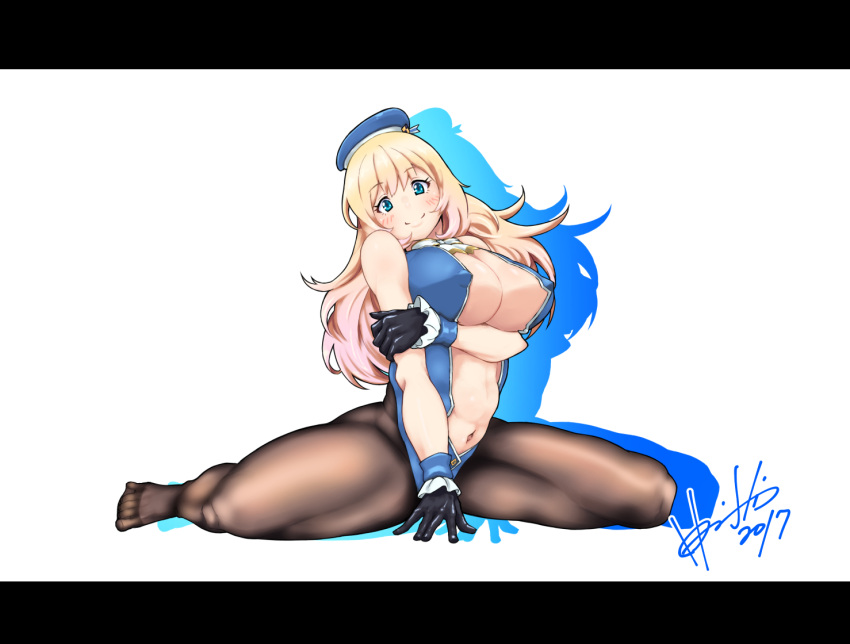 1girl adapted_costume atago_(kantai_collection) bad_anatomy bad_feet bare_arms bare_shoulders beret black_gloves black_legwear blonde_hair blue_eyes breasts center_opening erect_nipples eyebrows_visible_through_hair gloves hat hori_shin kantai_collection large_breasts long_hair navel pantyhose signature sleeveless smile solo