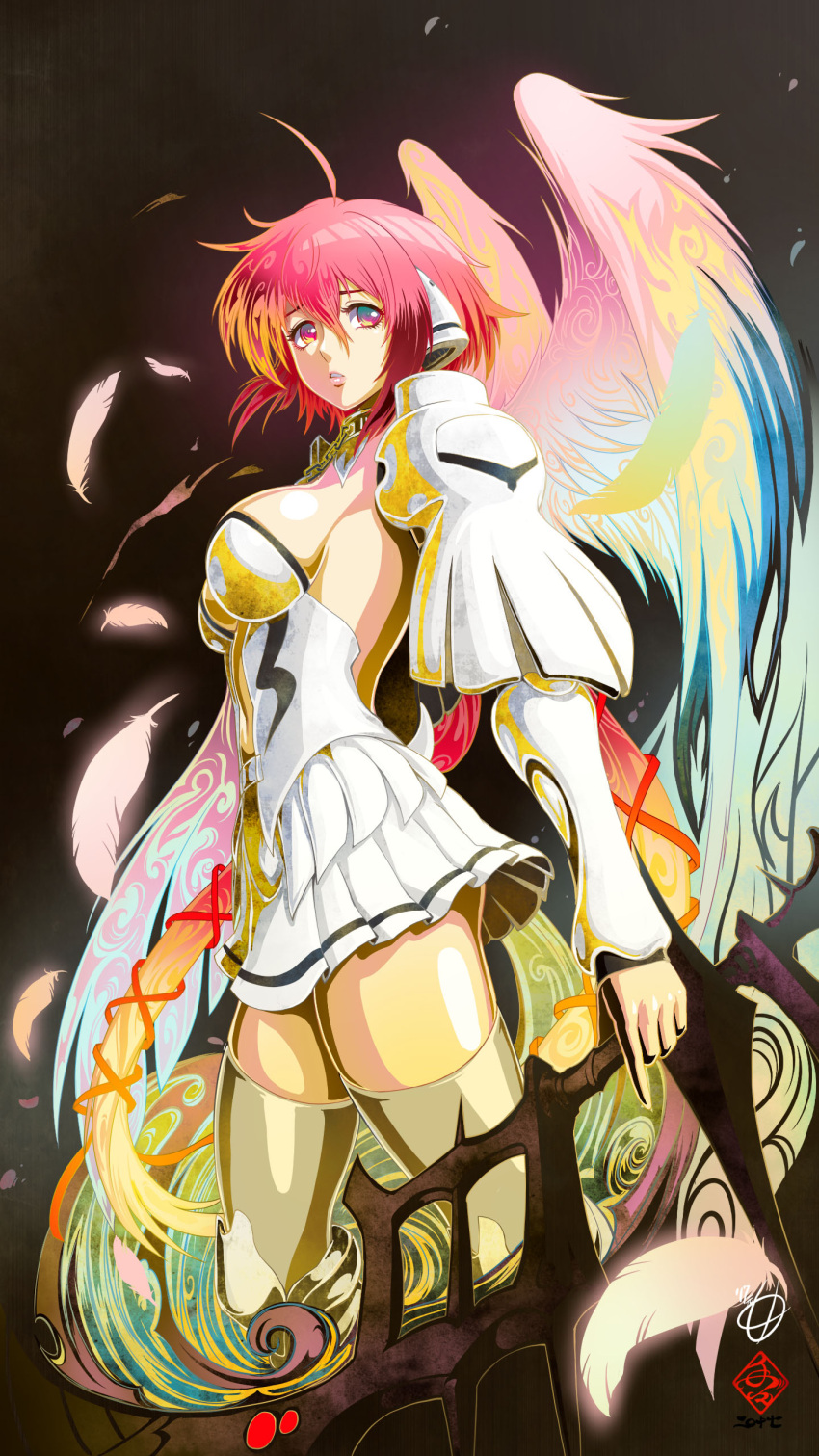 1girl absurdres angel angel_wings aqua_wings beige_legwear blonde_hair blue_wings breasts feathers from_side hair_between_eyes hair_ribbon highres holding ikaros index_finger_raised large_breasts long_hair looking_away low_twintails multicolored multicolored_wings parted_lips pink_eyes pink_hair pink_wings pleated_skirt red_ribbon ribbon robot_ears shirt signature skirt solo sora_no_otoshimono standing tete_(amakuchichiyoko) thigh-highs twintails very_long_hair white_shirt white_skirt wings yellow_wings